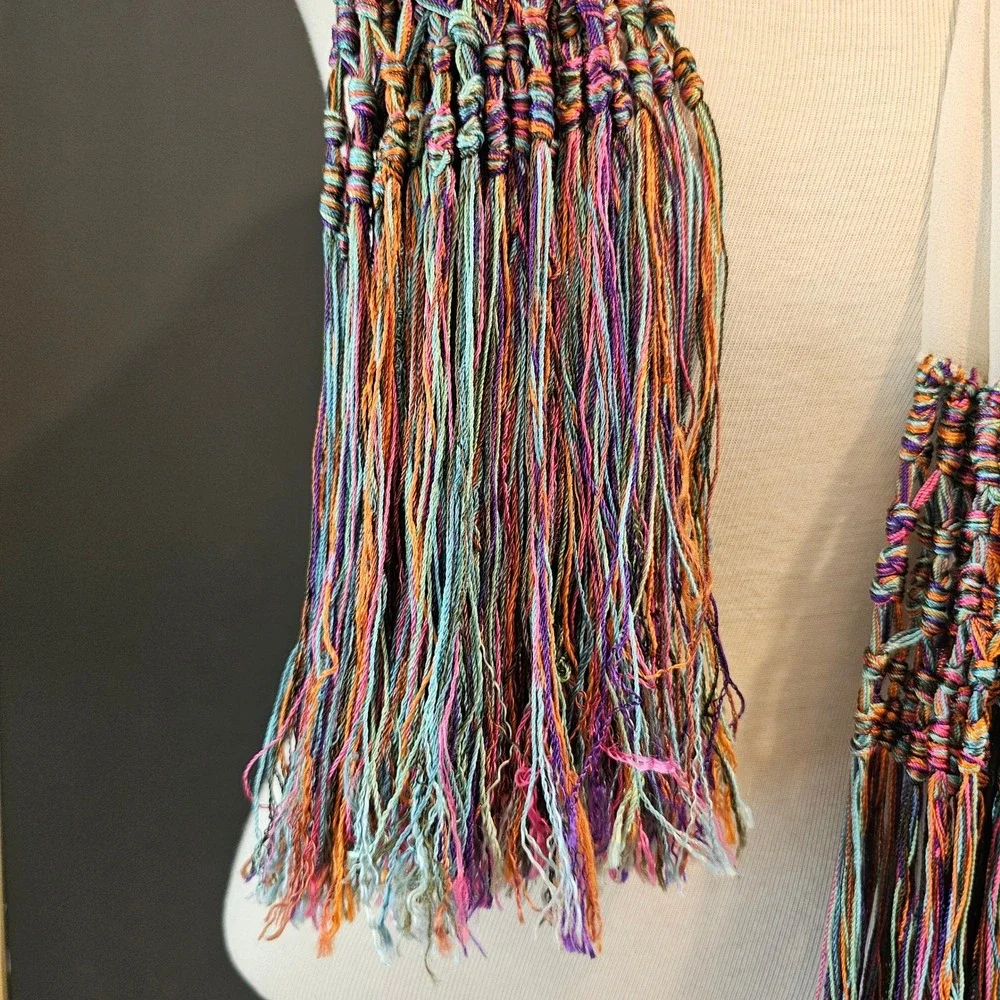 Cream Sheer Scarf with Rainbow Macrame Hand Knotted Tassel Fringe Boho 96 Inch